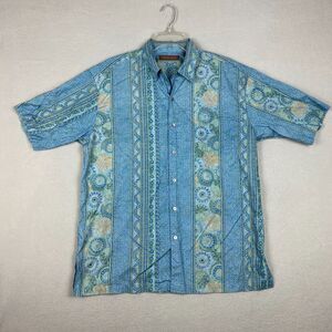 Tori Richard Mens Large Cotton Lawn Button Up Shirt Blue Floral Striped Hawaiian
